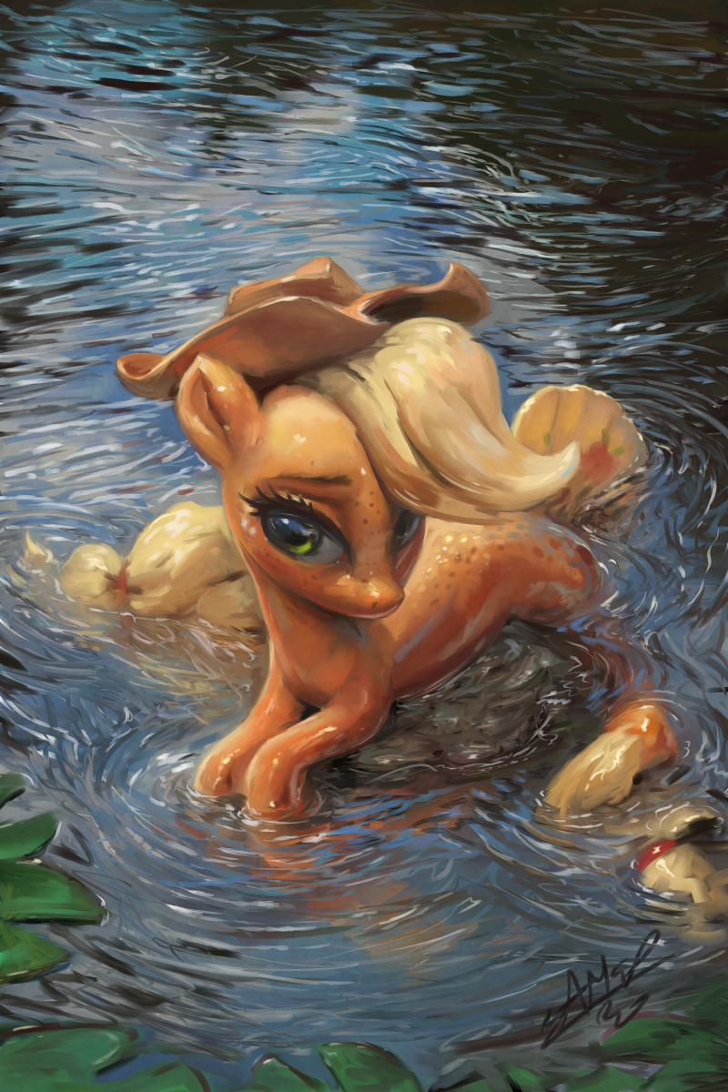 2020 2:3 applejack_(mlp) assasinmonkey blonde_hair clothing digital_media_(artwork) earth_pony equid equine eyebrows feral freckles friendship_is_magic green_eyes hair hat headgear headwear hi_res horse lily_pad looking_at_viewer mammal my_little_pony partially_submerged plant pony signature solo water