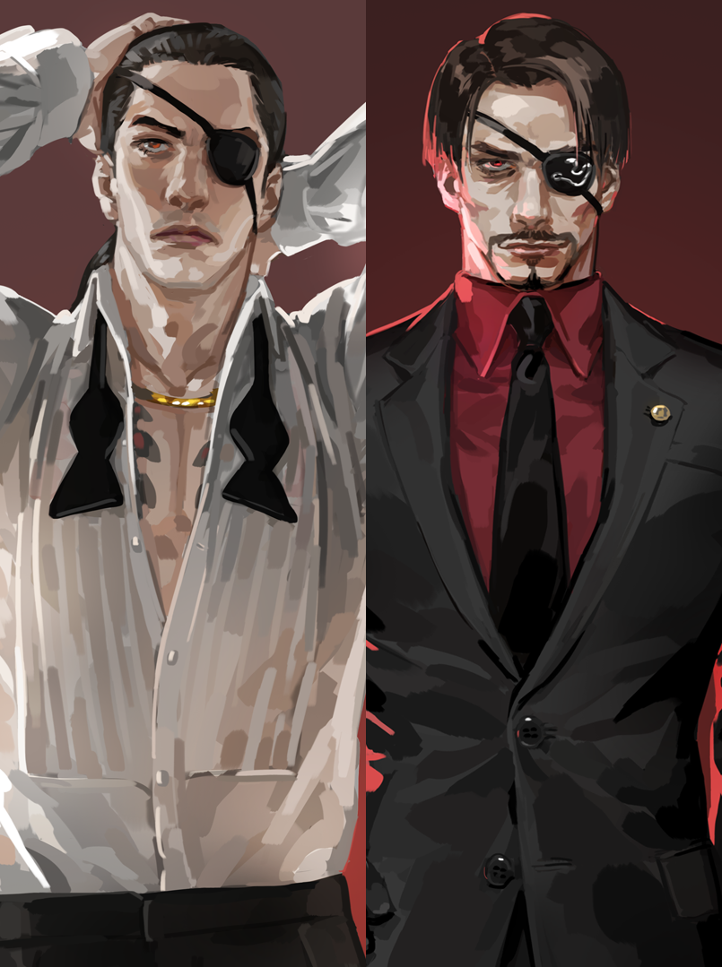 2boys arms_behind_head bandages black_hair black_pants dress_shirt eyebrows eyepatch facial_hair formal jane_mere jewelry looking_at_viewer majima_gorou male_focus multiple_boys necklace older pants red_background red_eyes ryuu_ga_gotoku ryuu_ga_gotoku_0 ryuu_ga_gotoku_5 shirt short_hair simple_background suit tied_hair younger