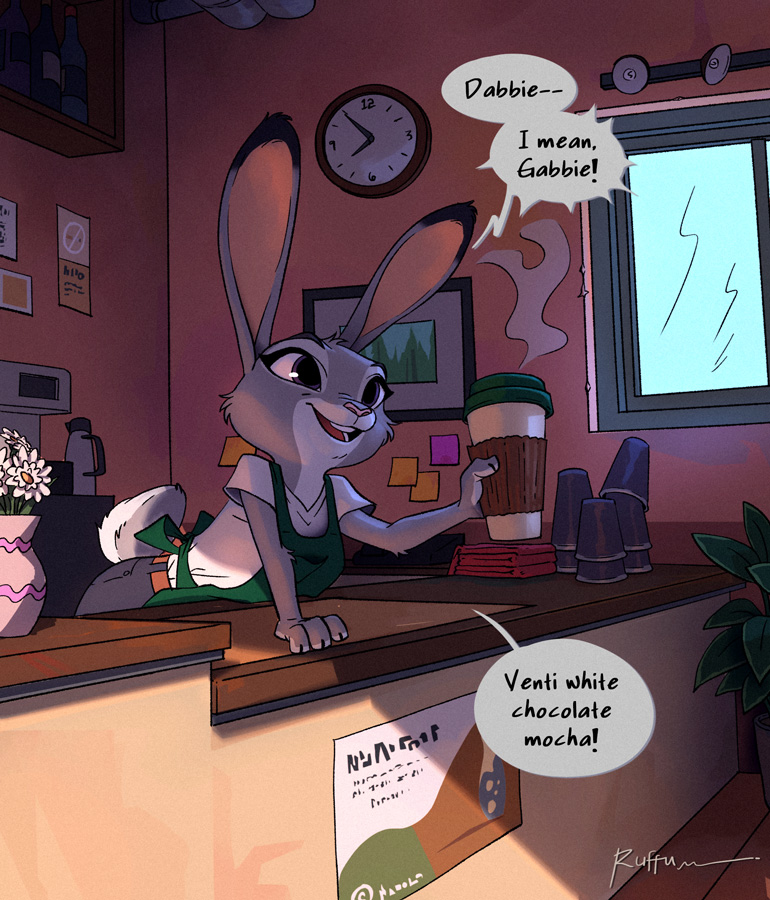 2020 anthro apron barista cheek_tuft clock clothed clothing dialogue disney english_text facial_tuft female flower fully_clothed fur grey_body grey_fur head_tuft holding_cup holding_object inside judy_hopps lagomorph leporid light lighting mammal open_mouth open_smile plant rabbit ruffu sign smile solo speech_bubble steam text tuft window zootopia
