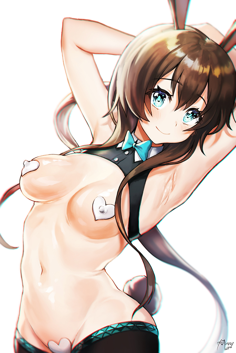 1girl amiya_(arknights) animal_ears aqua_neckwear arknights armpits arms_up bangs black_legwear bow bowtie breasts brown_hair bunny_ears bunny_girl bunny_tail commentary covered_nipples eyebrows_visible_through_hair heart_pasties highres looking_at_viewer maebari meme_attire midriff navel noixen pasties revealing_clothes reverse_bunnysuit reverse_outfit sidelocks solo tail