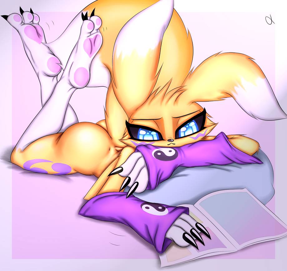 black_claws black_sclera blue_eyes canid canine claws clothing comic_book digimon digimon_(species) eyebrows female fingers fur gloves handwear looking_down mammal markings pawpads pillow pink_background pink_pawpads purple_markings reading renamon simple_background solo spritermx toe_claws toes white_body white_fur yellow_body yellow_fur