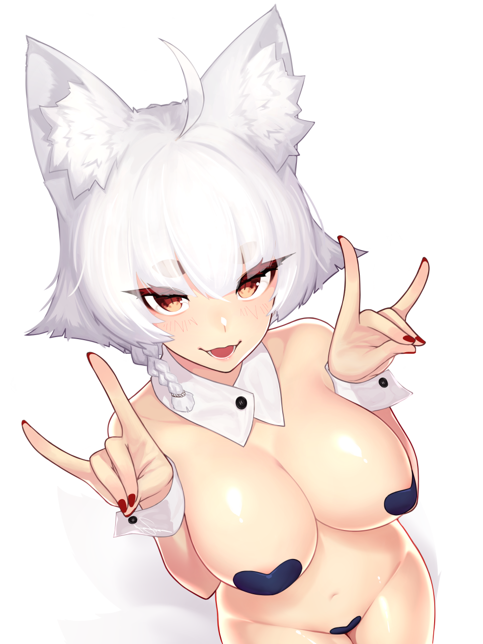 1girl ahoge animal_ears bangs bare_shoulders blush breasts brown_eyes detached_collar dev eyebrows_visible_through_hair fox_ears fox_shadow_puppet fox_tail highres large_breasts looking_at_viewer maebari multiple_tails navel nude open_mouth original pasties red_nails tail thick_eyebrows transparent_background white_hair wrist_cuffs
