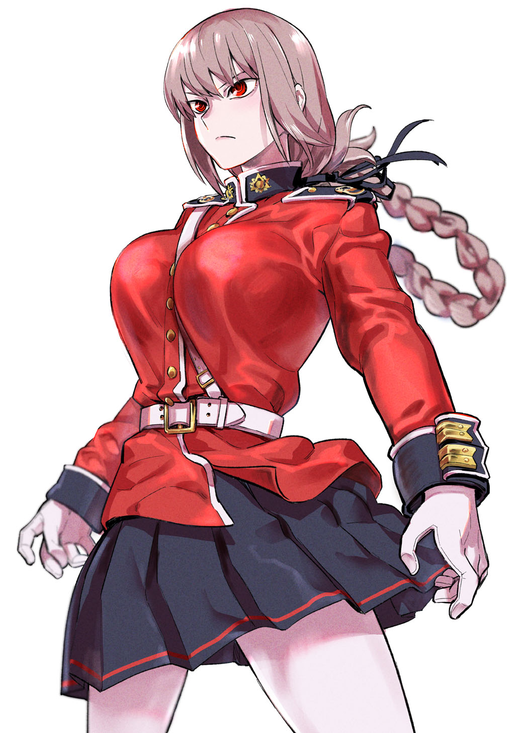 1girl 774_(nanashi) belt between_breasts braid breasts coat cowboy_shot fate/grand_order fate_(series) florence_nightingale_(fate/grand_order) gloves highres pink_hair pleated_skirt red_coat red_eyes skirt strap_between_breasts white_background white_gloves