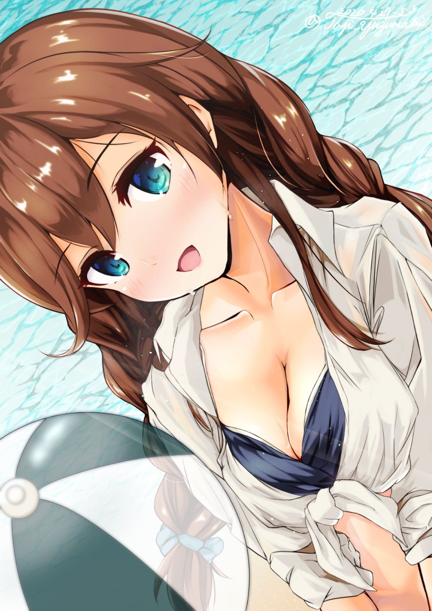 1girl :d alternate_costume ball bangs beach beachball bikini black_bikini blue_eyes blush braid breasts brown_hair cleavage dated highres kantai_collection large_breasts looking_at_viewer noshiro_(kantai_collection) open_mouth shirt smile solo swept_bangs swimsuit tied_shirt twin_braids twitter_username white_shirt yuzumaki_tajii