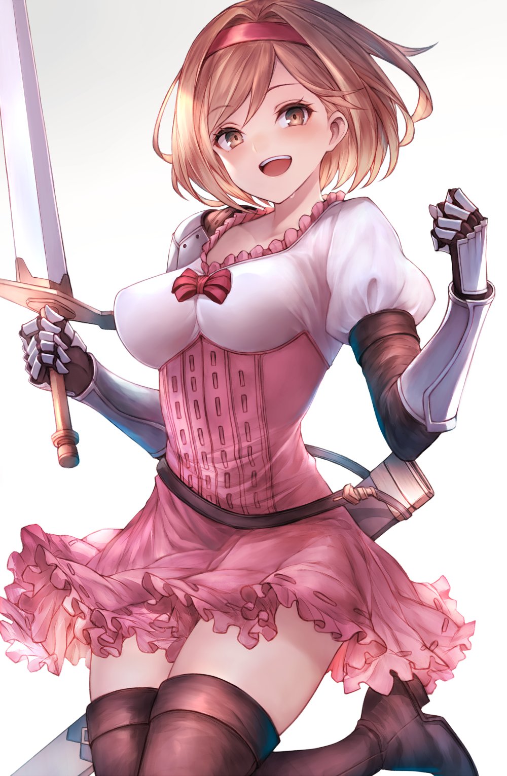 1girl :d arm_guards bangs blush boots breasts brown_eyes brown_gloves brown_hair collarbone djeeta_(granblue_fantasy) elbow_gloves eyebrows_visible_through_hair gloves granblue_fantasy hair_intakes hairband high-waist_skirt highres holding holding_sword holding_weapon inaba_sunimi jumping looking_at_viewer medium_breasts open_mouth pink_skirt puffy_short_sleeves puffy_sleeves red_hairband red_ribbon ribbon sheath shirt short_hair short_sleeves simple_background skirt smile solo swept_bangs sword thigh_boots thighhighs weapon white_background white_shirt zettai_ryouiki