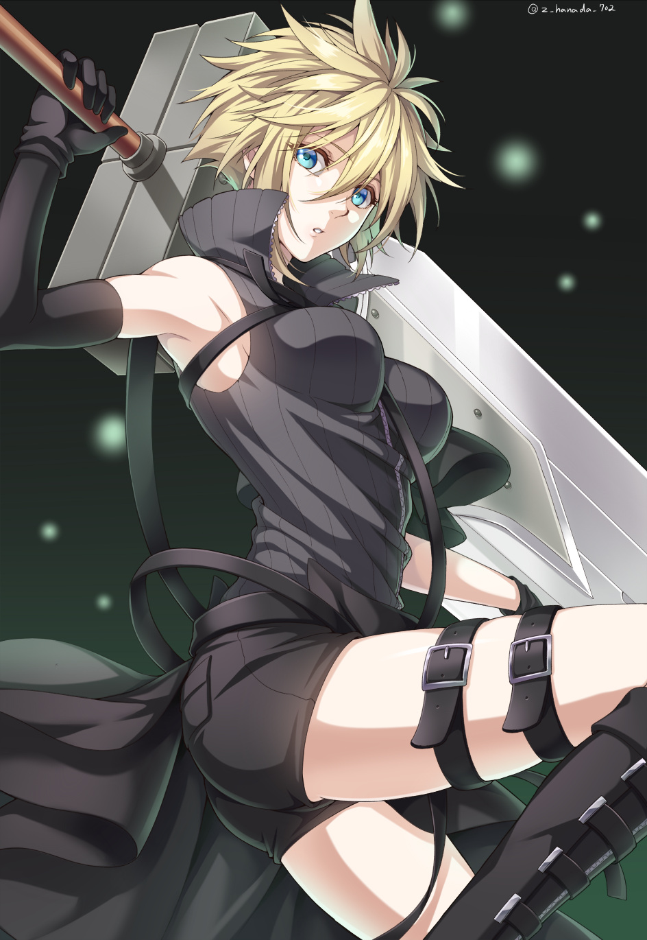 1girl arm_up armpits bangs black_footwear black_gloves blonde_hair boots breasts buster_sword cloud_strife commentary_request elbow_gloves eyelashes feet_out_of_frame final_fantasy final_fantasy_vii genderswap genderswap_(mtf) gloves hair_between_eyes high_collar highres holding holding_sword holding_weapon knee_boots looking_at_viewer medium_breasts ribbed_shirt shirt short_shorts shorts sidelocks sleeveless solo sword thigh_strap thighs twitter_username weapon