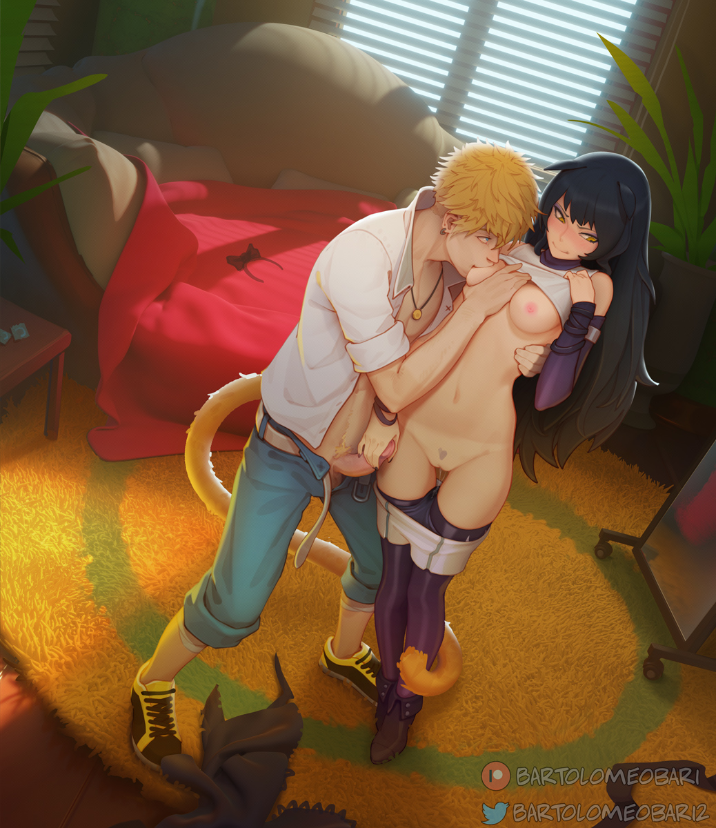1boy 1girl abs animal_ears ankle_boots bartolomeobari bedroom black_hair black_legwear black_panties blake_belladonna blonde_hair blue_eyes blush boots breast_sucking breasts cat_ears commentary detached_sleeves english_commentary erection hetero highres indoors long_hair looking_away male_pubic_hair medallion medium_breasts monkey_tail open_clothes open_shirt panties panty_pull penis_grab prehensile_tail pubic_hair pussy pussy_juice_string rwby shaped_pubic_hair shirt_lift shoes shorts shorts_pull sneakers standing sun_wukong_(rwby) tail tan tanline thigh_gap uncensored underwear yellow_eyes
