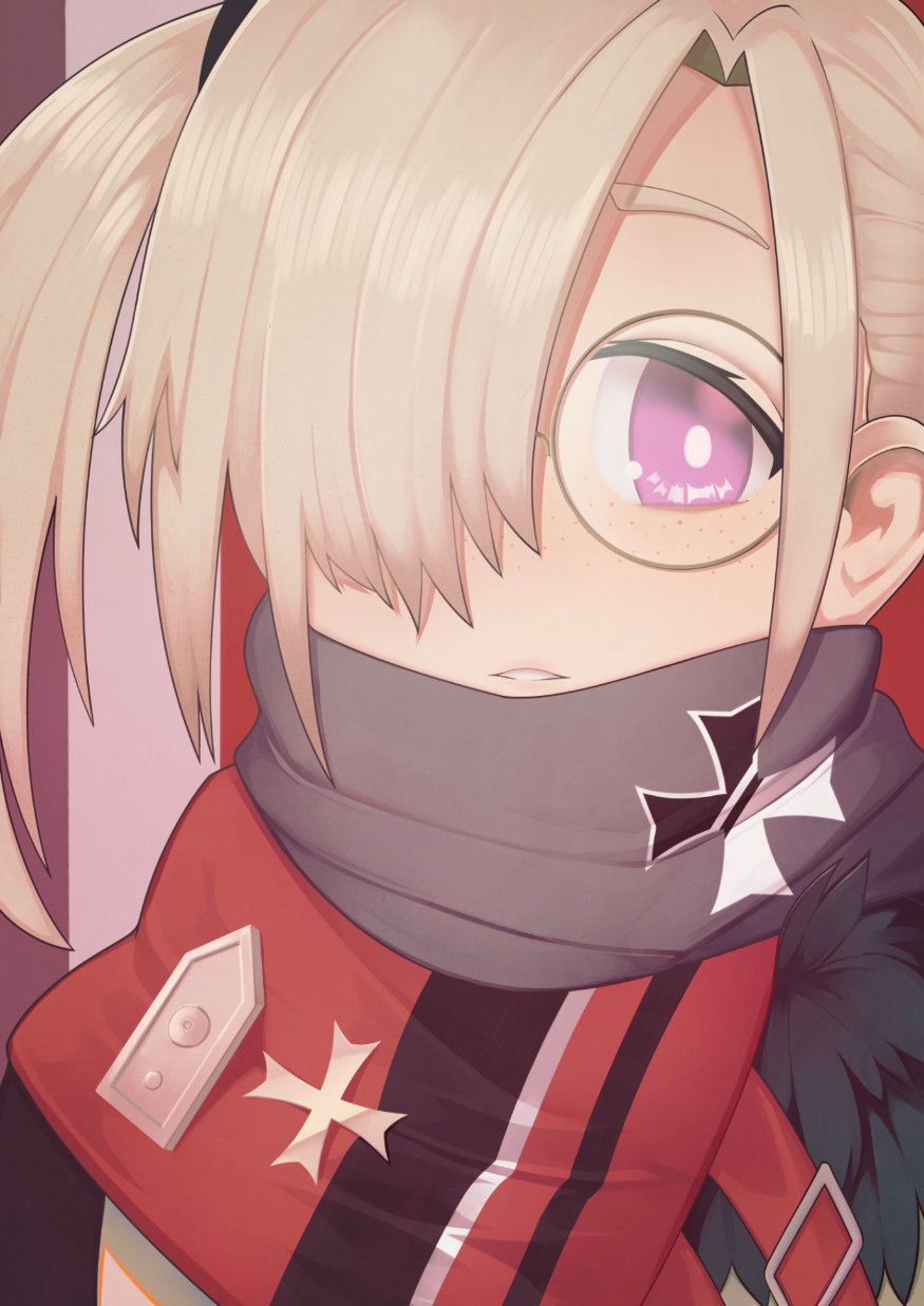 1girl blonde_hair blush eyebrows freckles girls_frontline glasses gloves hair_over_one_eye highres hk21_(girls_frontline) iron_cross jacy looking_at_viewer partly_fingerless_gloves purple_eyes round_eyewear short_hair short_twintails solo twintails upper_body