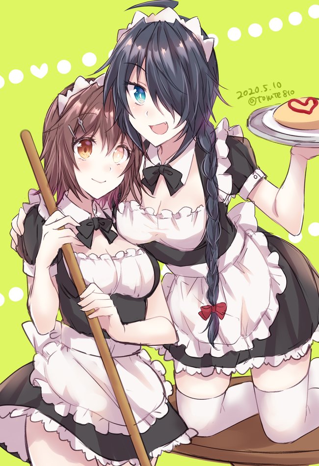 2girls ahoge alternate_costume alternate_hairstyle apron bangs black_dress black_hair blue_eyes blush braid breasts brown_eyes brown_hair cleavage dated dish dress enmaided eyebrows_visible_through_hair fang food furutaka_(kantai_collection) glowing glowing_eye green_background hair_ornament hair_over_one_eye hair_ribbon hairclip heterochromia holding holding_tray kabocha_torute kako_(kantai_collection) kantai_collection long_hair maid maid_day maid_headdress medium_breasts multiple_girls omelet open_mouth ribbon short_hair simple_background single_braid smile thighhighs tray twitter_username white_apron white_legwear