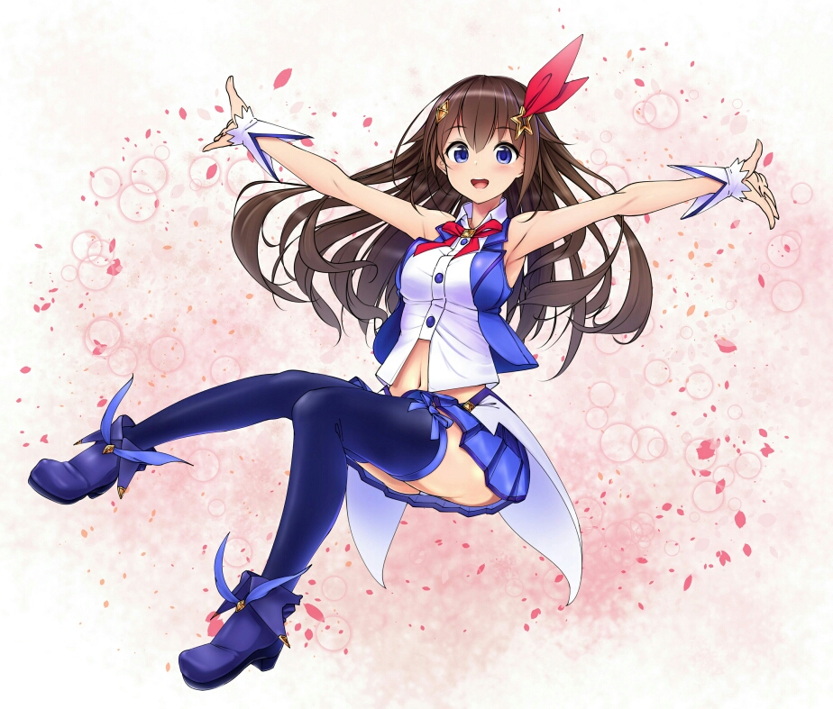 1girl :d armpit_peek blue_eyes blue_footwear blue_jacket blue_legwear blue_skirt blush boots breasts brown_hair collared_shirt commentary eyebrows_visible_through_hair floating floating_hair full_body hair_between_eyes hair_ornament hair_ribbon hololive jacket long_hair looking_at_viewer medium_breasts midriff miniskirt navel neck_ribbon open_mouth outstretched_arms panties panty_peek pleated_skirt red_neckwear red_ribbon ribbon shinomu_(cinomoon) shirt skirt sleeveless sleeveless_jacket smile solo star star_hair_ornament thighhighs thighs tokino_sora tokino_sora_channel underwear virtual_youtuber waist_cape white_panties white_shirt wrist_cuffs