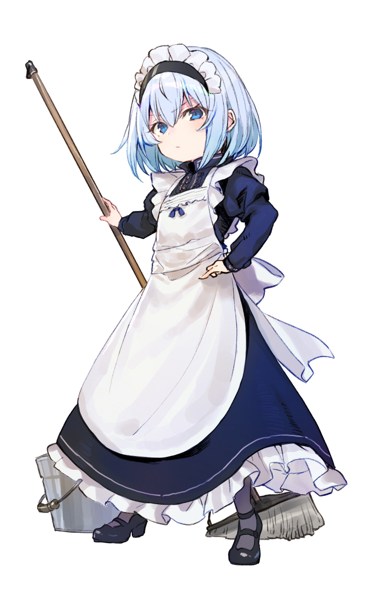 1girl alternate_costume apron blue_eyes blue_hair broom bucket enmaided full_body hand_on_hip highres looking_at_viewer maid maid_apron maid_day maid_headdress ryuuou_no_oshigoto! shirabi short_hair simple_background solo sora_ginko standing white_background younger