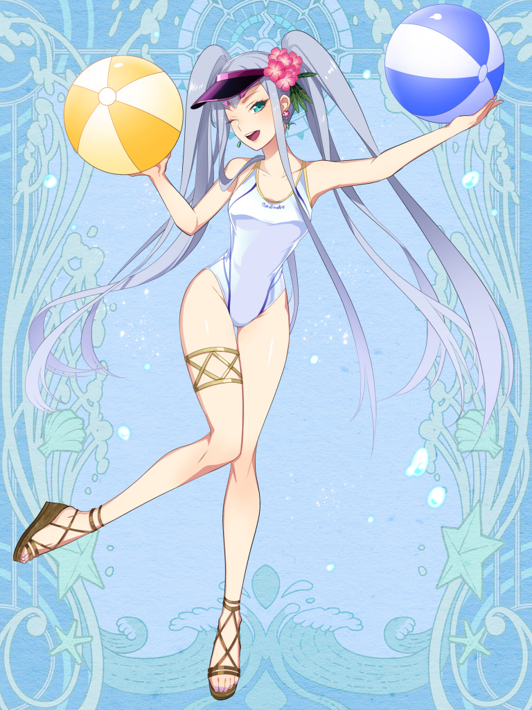 1girl ;d ball beachball blue_background blue_eyes dairoku_youhei dual_wielding flower grey_hair hair_flower hair_ornament holding l_(matador) long_hair one-piece_swimsuit one_eye_closed open_mouth sandals simple_background smile solo swimsuit thighlet twintails very_long_hair visor_cap white_swimsuit