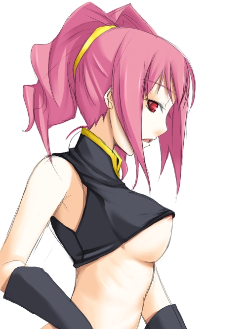 anya_alstreim areolae breasts code_geass large_breasts open_mouth pink_hair profile red_eyes ribi simple_background solo underboob white_background