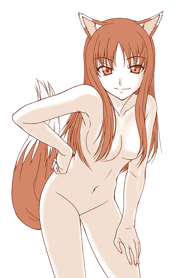 animal_ears breasts flat_color holo long_hair misnon_the_great nude solo spice_and_wolf tail wolf_ears
