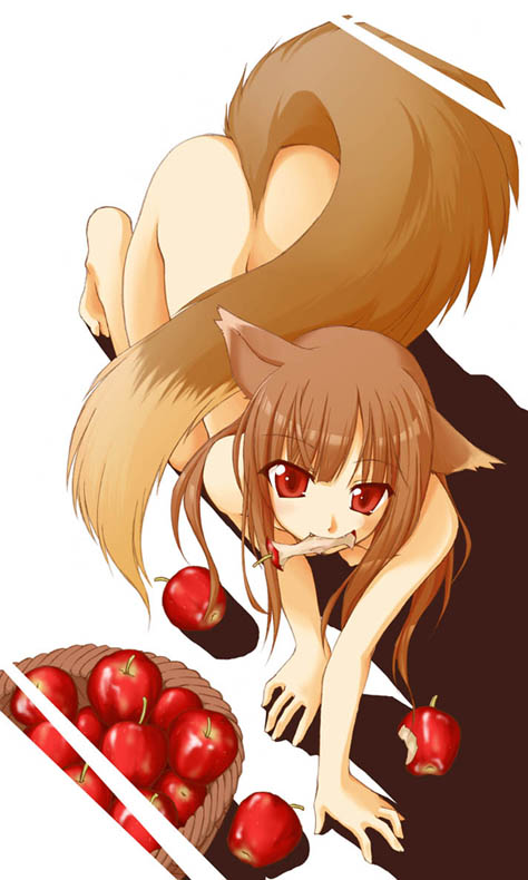 animal_ears apple food fruit holo ndemotte nude red_eyes solo spice_and_wolf tail wolf_ears