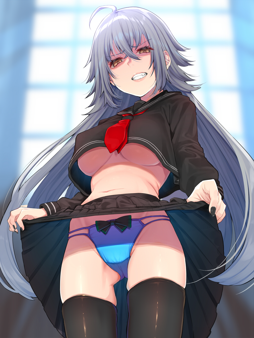 1girl ahoge angry ass_visible_through_thighs bangs black_legwear black_nails black_shirt black_skirt blue_panties blurry blurry_background blush breasts clenched_teeth commentary_request eyebrows_visible_through_hair fate/grand_order fate_(series) from_below hair_between_eyes highres jeanne_d'arc_(alter)_(fate) jeanne_d'arc_(fate)_(all) large_breasts lifted_by_self long_hair looking_at_viewer mikan_(chipstar182) panties shirt silver_hair skirt skirt_lift solo teeth thighhighs underboob underwear wedgie yellow_eyes