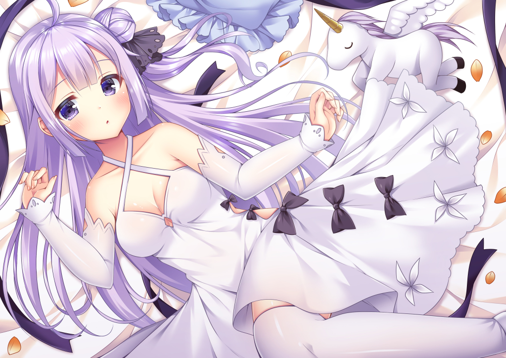 1girl ahoge azur_lane bangs bare_shoulders bed_sheet black_bow black_ribbon blush bow breasts cleavage commentary_request criss-cross_halter detached_sleeves dress eyebrows_visible_through_hair frilled_pillow frills fujikura_ryuune hair_bun hair_ribbon halterneck long_hair long_sleeves medium_breasts one_side_up pillow purple_eyes purple_hair ribbon shoes side_bun sleeves_past_wrists solo stuffed_alicorn stuffed_animal stuffed_toy thighhighs unicorn_(azur_lane) very_long_hair white_dress white_footwear white_legwear white_sleeves