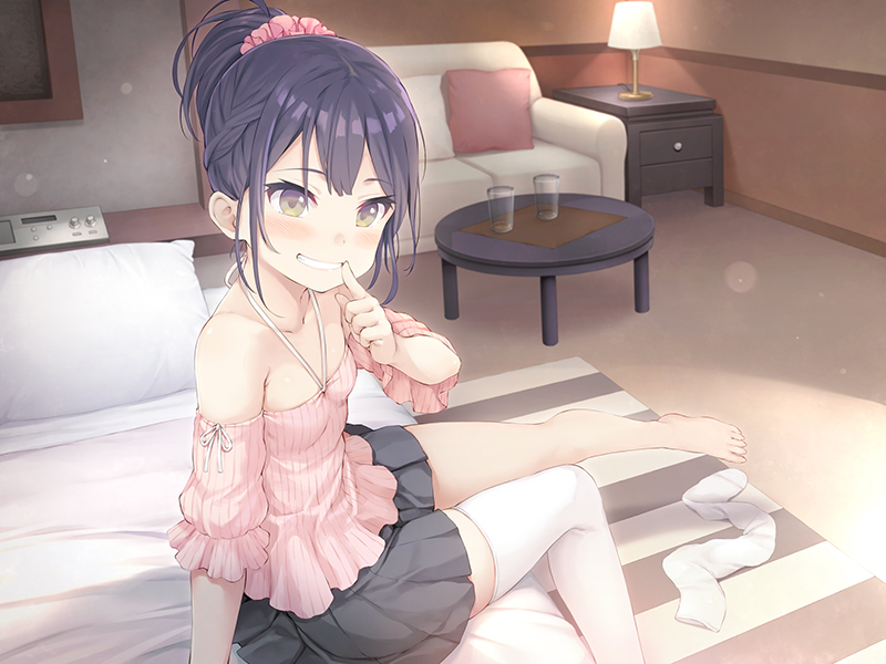 1girl bangs black_hair black_skirt blush breasts commentary_request couch detached_sleeves finger_to_mouth frills glass green_eyes grin lamp legwear_removed looking_at_viewer namaru_(summer_dandy) official_art on_bed original pillow pleated_skirt scrunchie single_thighhigh sitting skirt small_breasts smile solo table thighhigh_removed thighhighs white_legwear