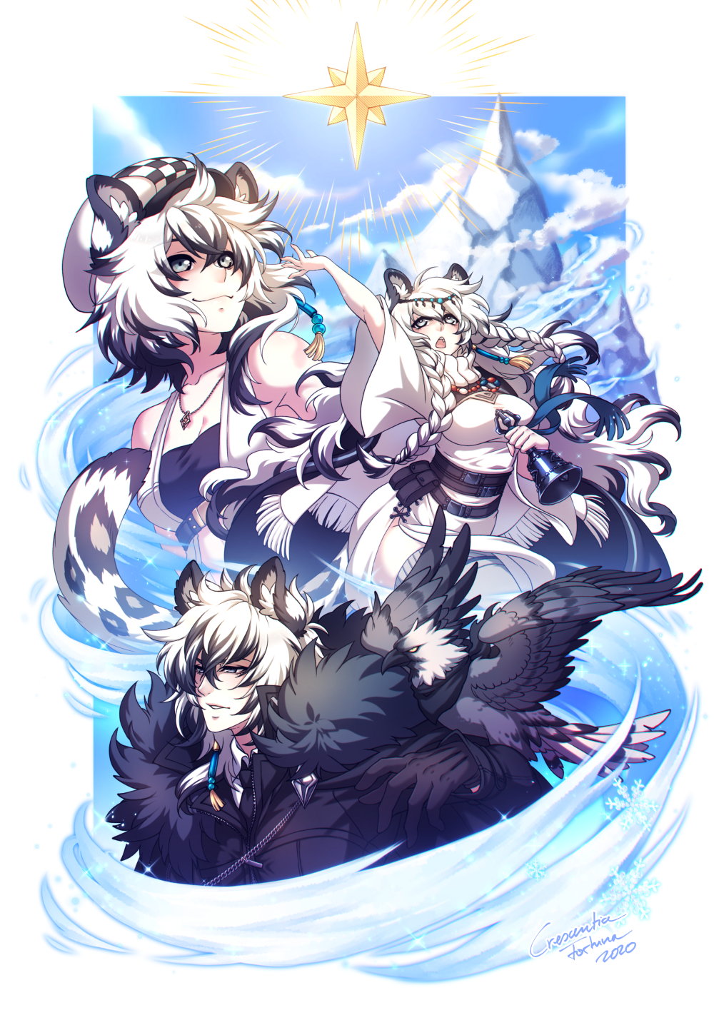 1boy 2girls animal_ear_fluff animal_ears arknights arm_up bangs bare_shoulders bell belt bird black_belt black_gloves black_hair black_jacket blue_sky braid breasts brother_and_sister cabbie_hat cliffheart_(arknights) cloud commentary crescentia day dress english_commentary fur_trim gloves grey_eyes hair_between_eyes hat head_chain highres holding holding_bell jacket jewelry leopard_ears leopard_tail long_hair medium_breasts mountain multicolored_hair multiple_girls necklace open_mouth parted_lips pouch pramanix_(arknights) siblings signature silver_hair silverash_(arknights) sisters sky sleeveless smile snowflakes streaked_hair tail tenzin_(arknights) turtleneck_dress twin_braids white_dress white_headwear