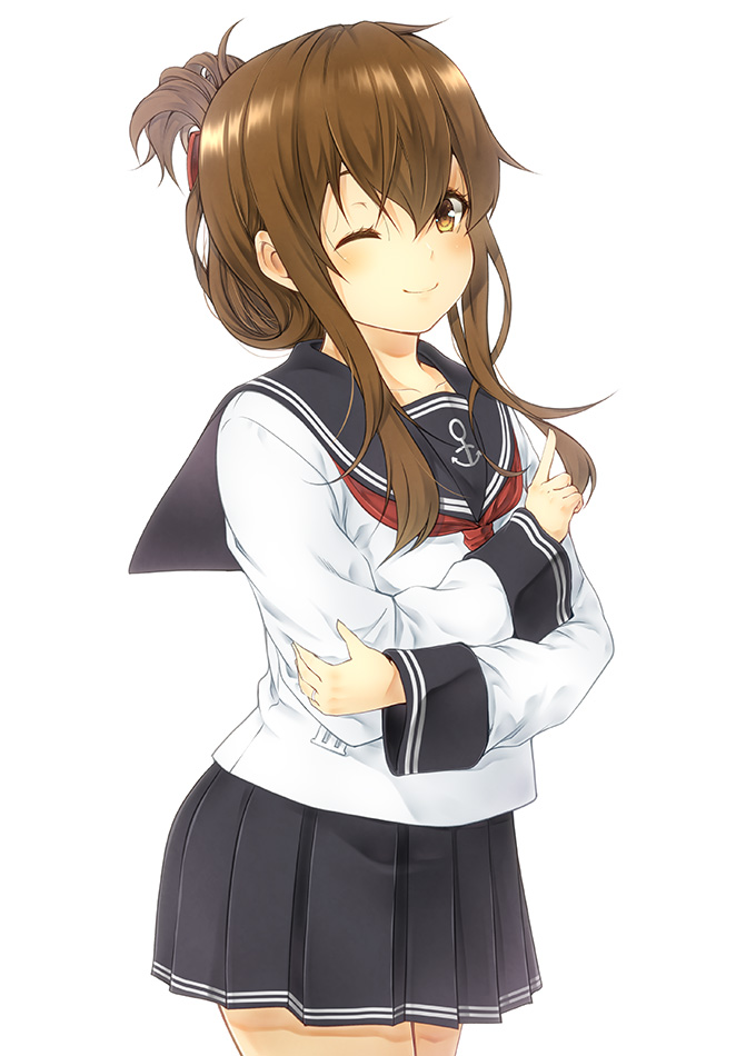 1girl anchor_symbol black_sailor_collar black_skirt blush brown_eyes brown_hair closed_eyes eyebrows_visible_through_hair folded_ponytail hair_between_eyes hair_ornament hairclip inazuma_(kantai_collection) kantai_collection kouji_(campus_life) long_hair long_sleeves looking_at_viewer neckerchief one_eye_closed pleated_skirt red_neckwear sailor_collar school_uniform serafuku shirt simple_background skirt smile solo white_background white_shirt