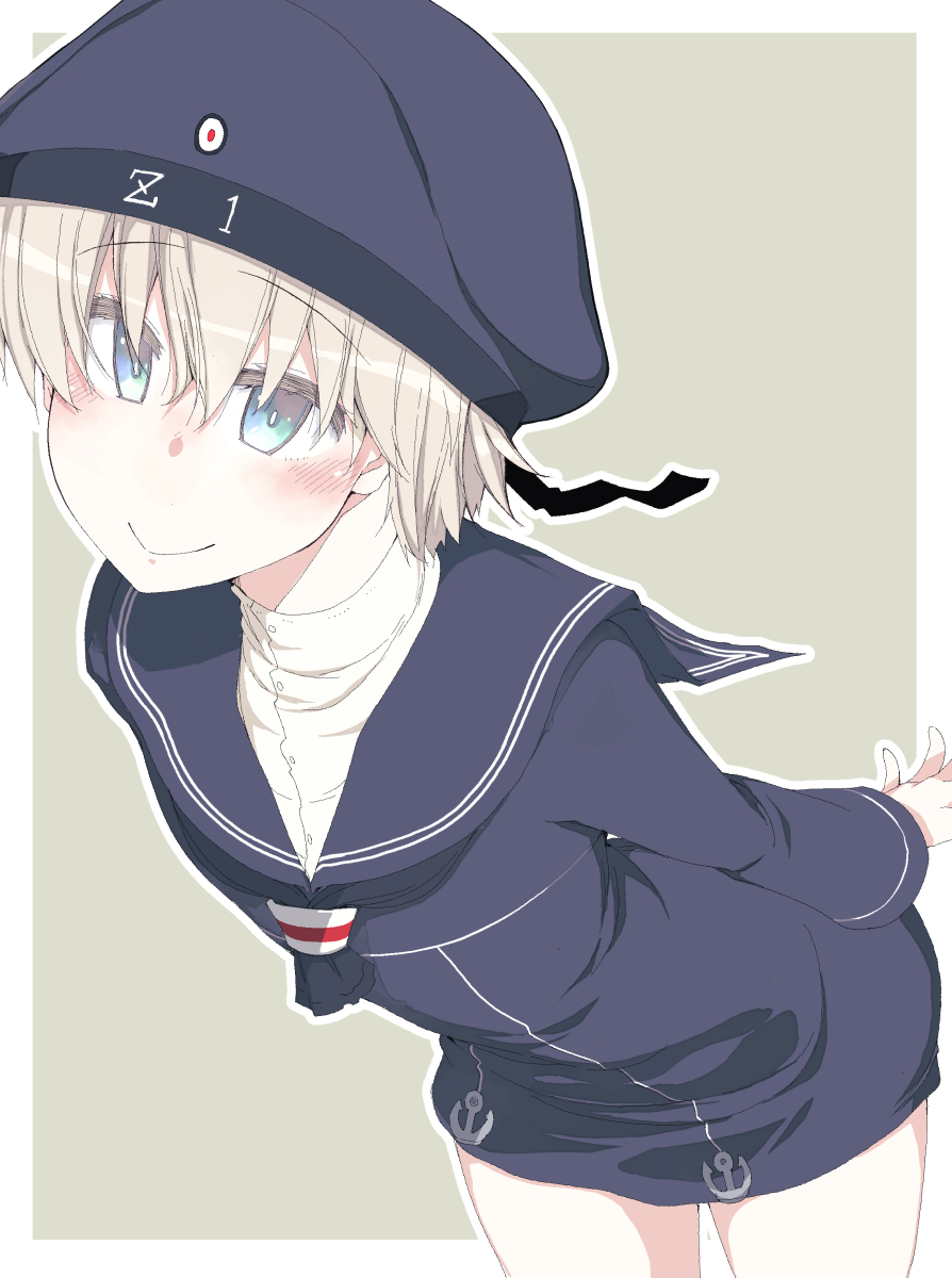 1boy anchor bangs blue_eyes blue_headwear clothes_writing dress eyebrows_visible_through_hair genderswap genderswap_(ftm) hat highres kantai_collection long_sleeves male_focus outline ryou sailor_collar sailor_dress sailor_hat short_hair silver_hair simple_background smile solo white_outline z1_leberecht_maass_(kantai_collection)