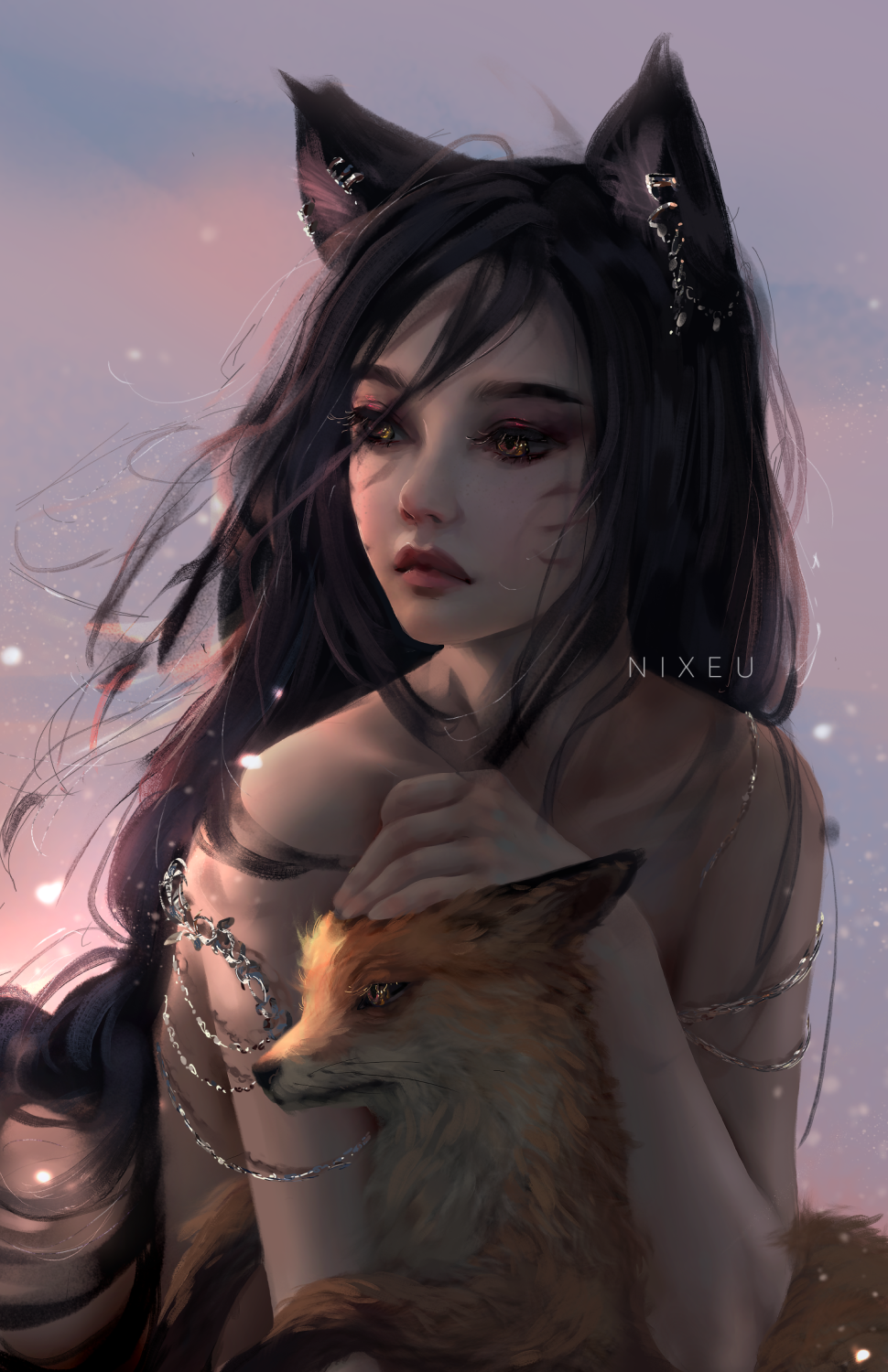 1girl ahri animal animal_ears bangs bare_arms bare_shoulders black_hair cloud cloudy_sky colored_eyelashes ear_piercing fantasy fox fox_ears hair_between_eyes hair_ornament highres holding holding_animal jewelry league_of_legends lips lipstick long_hair looking_away makeup nixeu orange_eyes original piercing realistic red_lipstick signature sky snowing standing upper_body very_long_hair