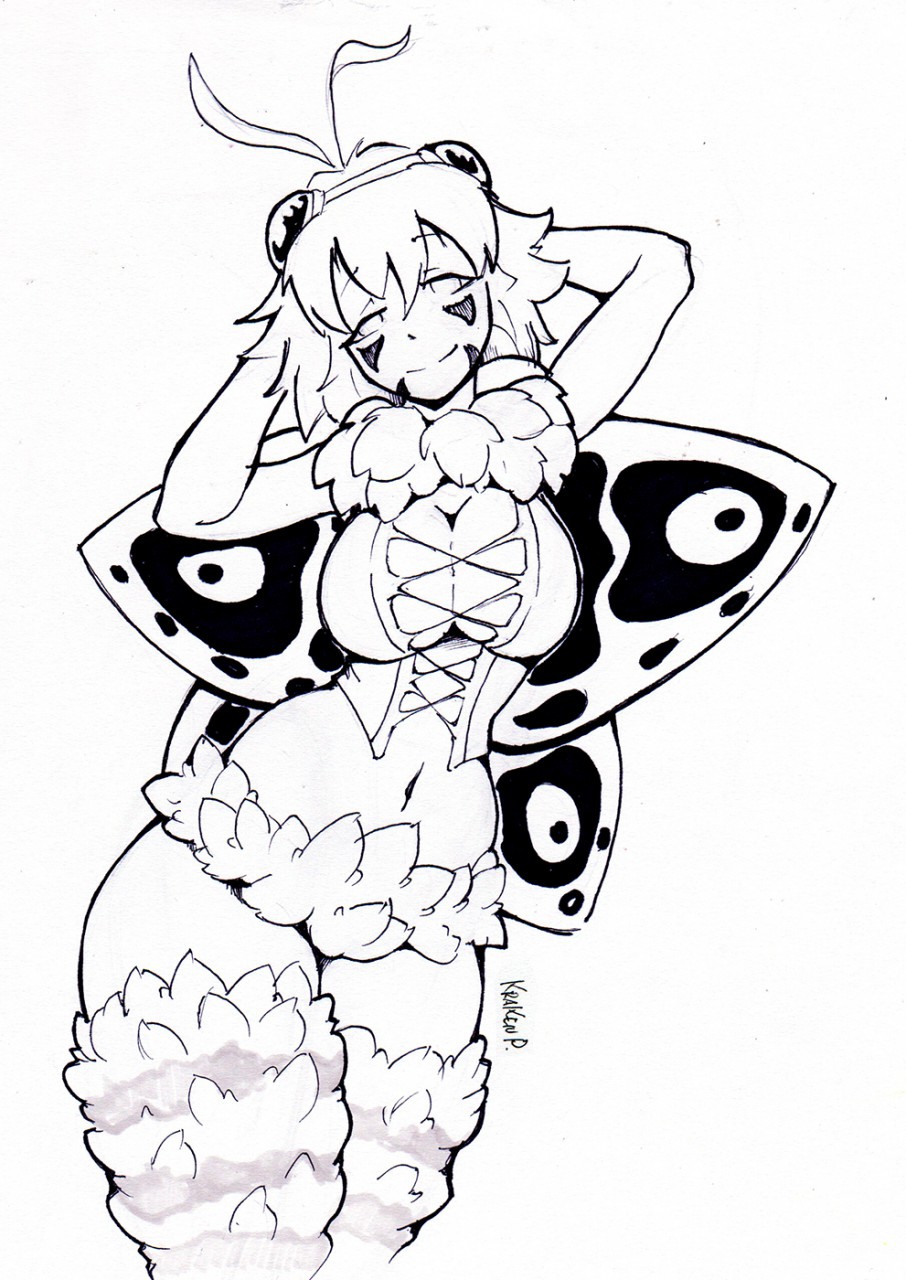 2019 arthropod big_breasts black_and_white breasts cleavage clothed clothing corset english_text eyebrow_through_hair eyebrows eyelashes feathers female fluffy hair hi_res inktober insect krakenparty lepidopteran lingerie looking_at_viewer monochrome moth navel non-mammal_breasts not_furry pattern patterns signature simple_background sketch smile solo text topwear traditional_media_(artwork) translucent translucent_hair white_background wing_pattern wings