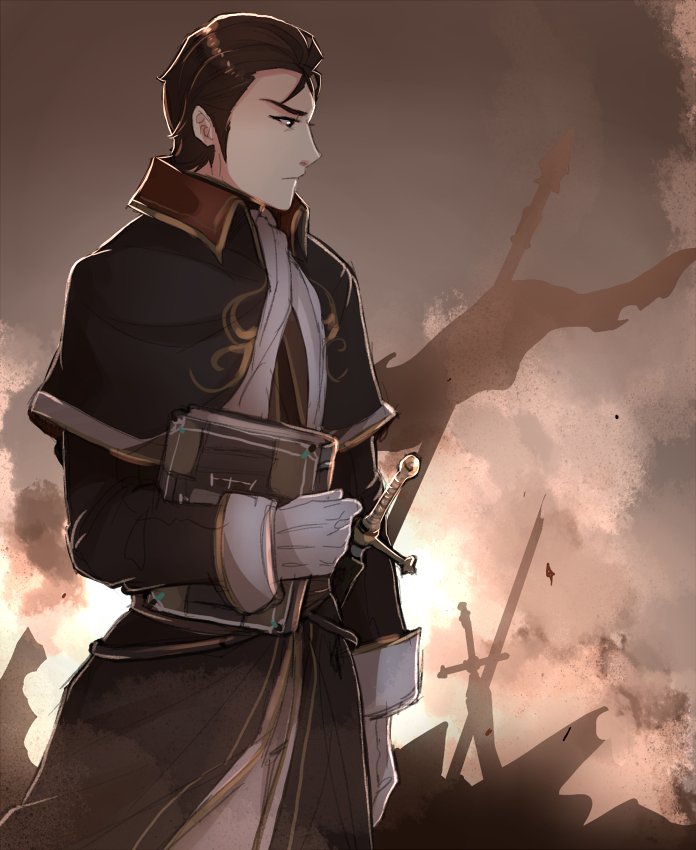 1boy black_eyes black_hair book fire_emblem fire_emblem:_thracia_776 fire_emblem_heroes gloves male_focus reinhardt_(fire_emblem) shy_(ribboneels) sword weapon