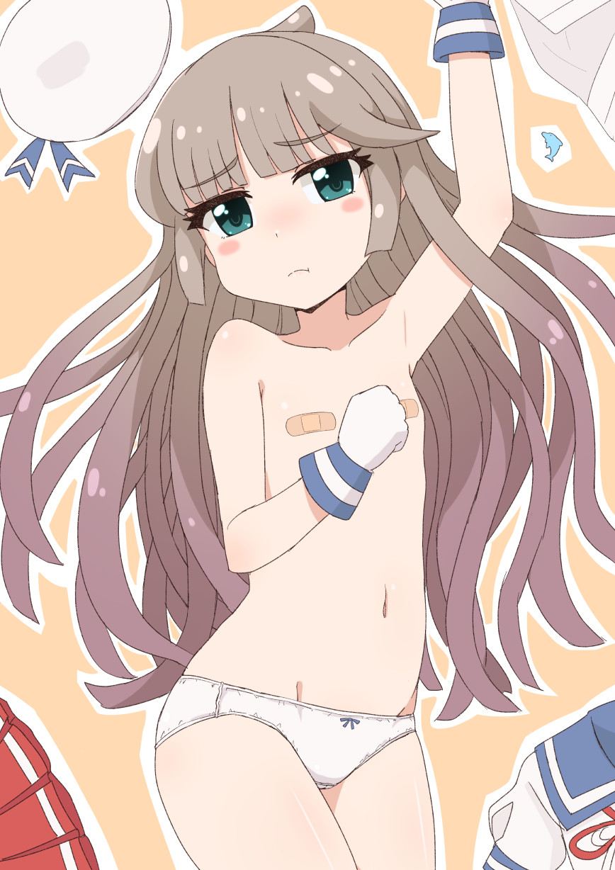 1girl :t bandaid bandaids_on_nipples bangs blush closed_mouth dolphin eyebrows_visible_through_hair flat_chest gloves green_eyes hair_down hat hat_removed headwear_removed highres junes kantai_collection light_brown_hair long_hair mikura_(kantai_collection) navel outline panties pasties sailor_collar school_uniform serafuku simple_background skirt skirt_removed solo underwear white_gloves white_outline white_panties