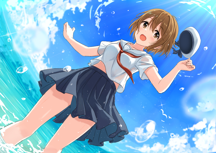 1girl :d bangs beret black_skirt blue_sky blush breasts brown_eyes brown_hair cloud commentary_request day dutch_angle eyebrows_visible_through_hair hair_between_eyes hand_up hat hat_removed headwear_removed horizon medium_breasts mugi_(banban53) neckerchief ocean open_mouth original outdoors pleated_skirt red_neckwear sailor_collar school_uniform see-through serafuku shallow_water shirt skirt sky smile solo standing wading water white_headwear white_sailor_collar white_shirt