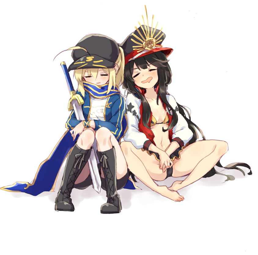 2girls ahoge artoria_pendragon_(all) bangs baseball_cap bikini black_bikini black_footwear black_hair black_headwear black_shorts blue_jacket blue_scarf blush boots breasts cleavage closed_eyes fate/grand_order fate_(series) hair_between_eyes hair_through_headwear hat headphones headphones_around_neck himitsucalibur jacket knee_boots knees_up kodamari legs letterman_jacket long_hair long_sleeves medium_breasts multiple_girls mysterious_heroine_x oda_nobunaga_(fate)_(all) oda_nobunaga_(swimsuit_berserker)_(fate) open_clothes open_jacket open_mouth peaked_cap rojiura_satsuki:_chapter_heroine_sanctuary scarf shorts simple_background sitting sleeping small_breasts swimsuit sword track_jacket weapon white_background