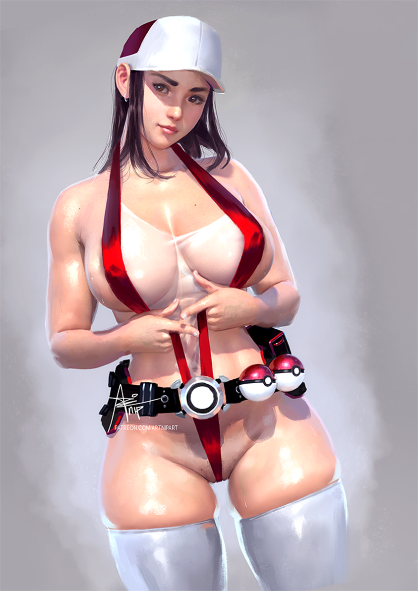 1girl artnip baseball_cap belt belt_pouch bikini_tan black_hair breasts brown_eyes character_request cleavage covered_nipples curvy earrings hat head_tilt jewelry large_breasts lips medium_hair navel nose one-piece_swimsuit poke_ball poke_ball_(generic) pokemon pouch pussy_peek realistic red_swimsuit see-through signature skindentation solo standing swimsuit tan tanline thick_eyebrows thighhighs two-tone_swimsuit unaligned_breasts wedgie white_legwear