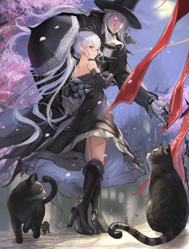 1girl akira0171 android banner bare_shoulders black_cat black_dress black_footwear black_gloves black_headwear black_umbrella boots building castle cat coat cravat doll_joints dress elbow_gloves faceless floating_hair frilled_dress frills full_body gloves granblue_fantasy hair_between_eyes hat high_heel_boots high_heels holding holding_umbrella joints knee_boots lloyd_(granblue_fantasy) long_hair looking_at_viewer looking_back mini_hat motion_blur orchis outdoors pavement petals sidelocks silver_hair sky solo_focus spikes standing strapless strapless_dress striped top_hat twintails umbrella very_long_hair wind