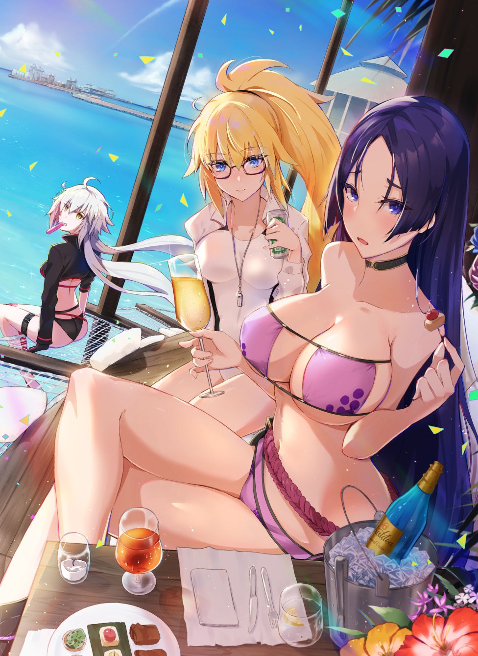 3girls ahoge bangs bare_shoulders beach bikini black-framed_eyewear black_bikini blonde_hair blue_eyes blue_sky blush bottle breasts bucket choker cleavage closed_mouth collarbone confetti cup drinking_glass eyepatch_bikini fate/grand_order fate_(series) food glasses highres hood hooded_jacket ice jacket jeanne_d'arc_(alter_swimsuit_berserker) jeanne_d'arc_(fate)_(all) jeanne_d'arc_(swimsuit_archer) kakumayu large_breasts long_hair long_sleeves looking_at_viewer low-tied_long_hair minamoto_no_raikou_(fate/grand_order) minamoto_no_raikou_(swimsuit_lancer)_(fate) multiple_girls navel ocean one-piece_swimsuit open_clothes open_jacket open_mouth parted_bangs ponytail purple_bikini purple_eyes purple_hair rope shrug_(clothing) silver_hair sitting sky smile swimsuit thighs very_long_hair whistle whistle_around_neck white_jacket white_swimsuit wine_bottle yellow_eyes