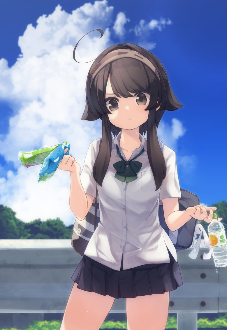 1girl :o ahoge bag bag_charm bangs black_hair black_skirt blue_sky bottle bow breasts brown_eyes brown_hairband charm_(object) cloud cloudy_sky collared_shirt commentary_request day dress_shirt eyebrows_visible_through_hair green_bow hair_flaps hairband holding holding_bottle long_hair natsuki_teru original outdoors parted_lips pleated_skirt railing school_bag shikibe_ayaka shirt short_sleeves sidelocks signature skirt sky small_breasts solo standing sweat white_shirt