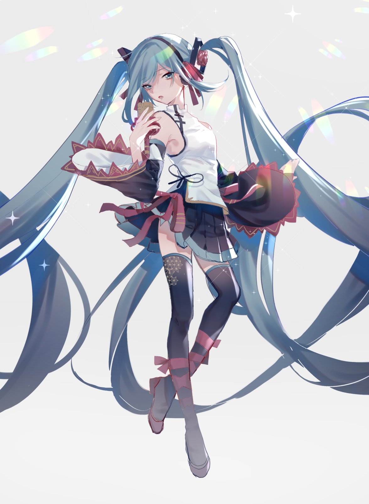 1girl aono_99 aqua_eyes aqua_hair bare_shoulders black_background black_legwear black_skirt black_sleeves cable character_name chinese_clothes detached_sleeves diffraction_spikes flower full_body grey_background hair_flower hair_ornament hand_up hatsune_miku highres holding holding_microphone lens_flare long_hair looking_at_viewer looking_to_the_side microphone miniskirt open_mouth outstretched_arm pleated_skirt rainbow red_ribbon ribbon shirt skirt sleeveless sleeveless_shirt solo standing thighhighs twintails twitter_username very_long_hair vocaloid white_shirt wide_sleeves zettai_ryouiki