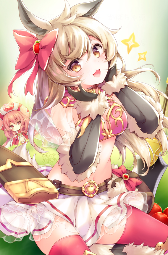 1girl :d animal_ears belt black_gloves blonde_hair bow breasts crop_top elbow_gloves fur_trim gloves gold_trim hair_bow hands_up hat kabocha_usagi long_hair looking_at_viewer medium_breasts midriff miniskirt neneka_(princess_connect!) open_mouth pink_legwear princess_connect! princess_connect!_re:dive rima_(princess_connect!) see-through sheath sitting skirt sleeveless smile solo stomach sword thighhighs weapon white_skirt yellow_eyes zettai_ryouiki