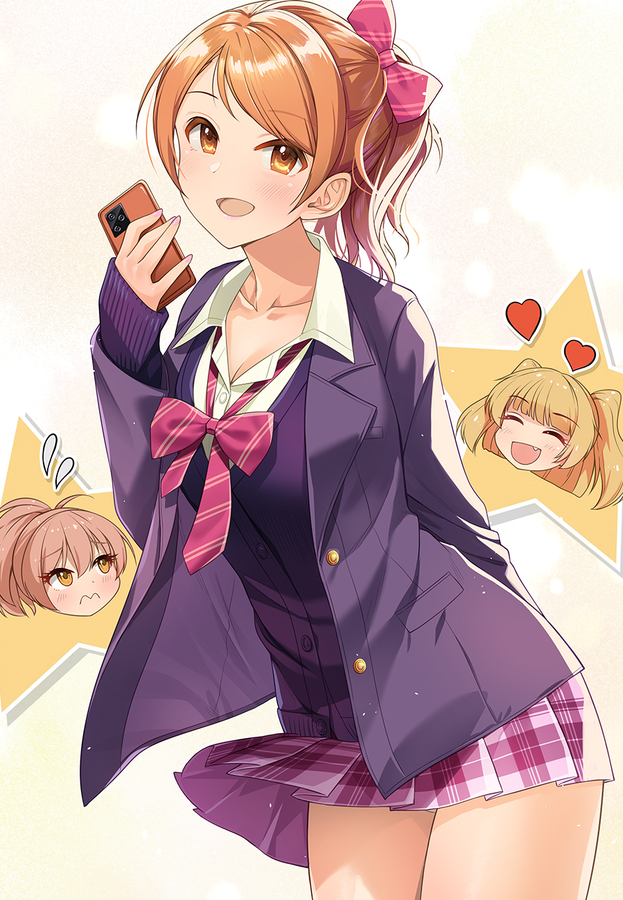3girls bangs blonde_hair blush bow breasts brown_eyes brown_hair cellphone character_request cleavage closed_eyes collarbone commentary_request eyebrows_visible_through_hair fang hair_bow hair_ornament heart highres holding holding_phone houjou_karen idolmaster idolmaster_cinderella_girls jacket jougasaki_mika kazu large_breasts long_hair long_sword looking_at_viewer medium_breasts multiple_girls open_mouth orange_eyes phone pink_bow pink_hair pink_jacket pink_skirt ponytail shirt short_hair skirt smile twintails two_side_up white_shirt