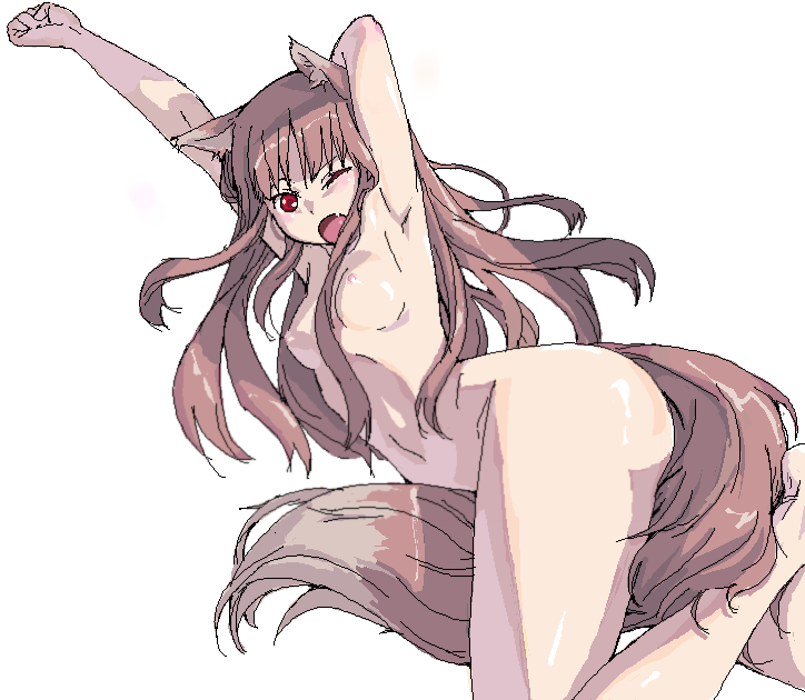 ;o animal_ears armpits breasts brown_hair hand_behind_head holo koma_(qqq111) long_hair nude one_eye_closed red_eyes solo spice_and_wolf tail yawning