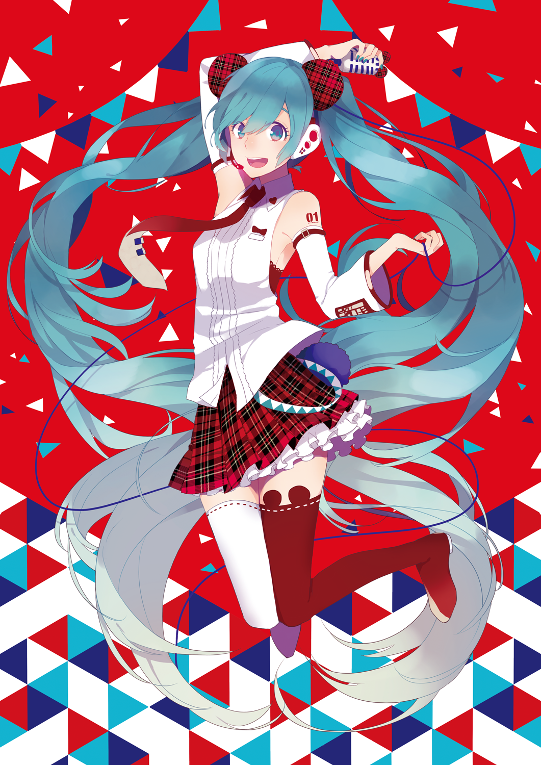 1girl :d aqua_eyes aqua_hair arm_up armpits asymmetrical_legwear bangs bare_shoulders boots breasts cable checkered checkered_skirt detached_sleeves hair_between_eyes hatsune_miku highres holding holding_microphone jumping long_hair microphone necktie open_mouth pleated_skirt red_legwear red_neckwear red_skirt saine shirt sidelocks skirt sleeveless sleeveless_shirt small_breasts smile solo thigh_boots thighhighs twintails very_long_hair vocaloid white_legwear white_shirt white_sleeves