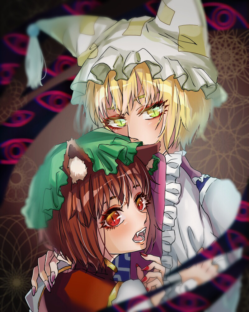 2girls abstract abstract_background animal_ears blonde_hair blurry brown_hair cat_ears chen close-up commentary_request eyebrows_behind_hair eyes fangs fox_ears frilled_sleeves frills from_behind gap green_headwear hand_on_another's_shoulder hand_up hat headwear hisuipechika long_sleeves looking_at_viewer looking_back multicolored multicolored_eyes multiple_girls nail nail_polish ofuda open_mouth perfect_cherry_blossom pillow_hat pink_nails red_nails short_hair slit_pupils tabard touhou upper_body wide_sleeves yakumo_ran yellow_eyes