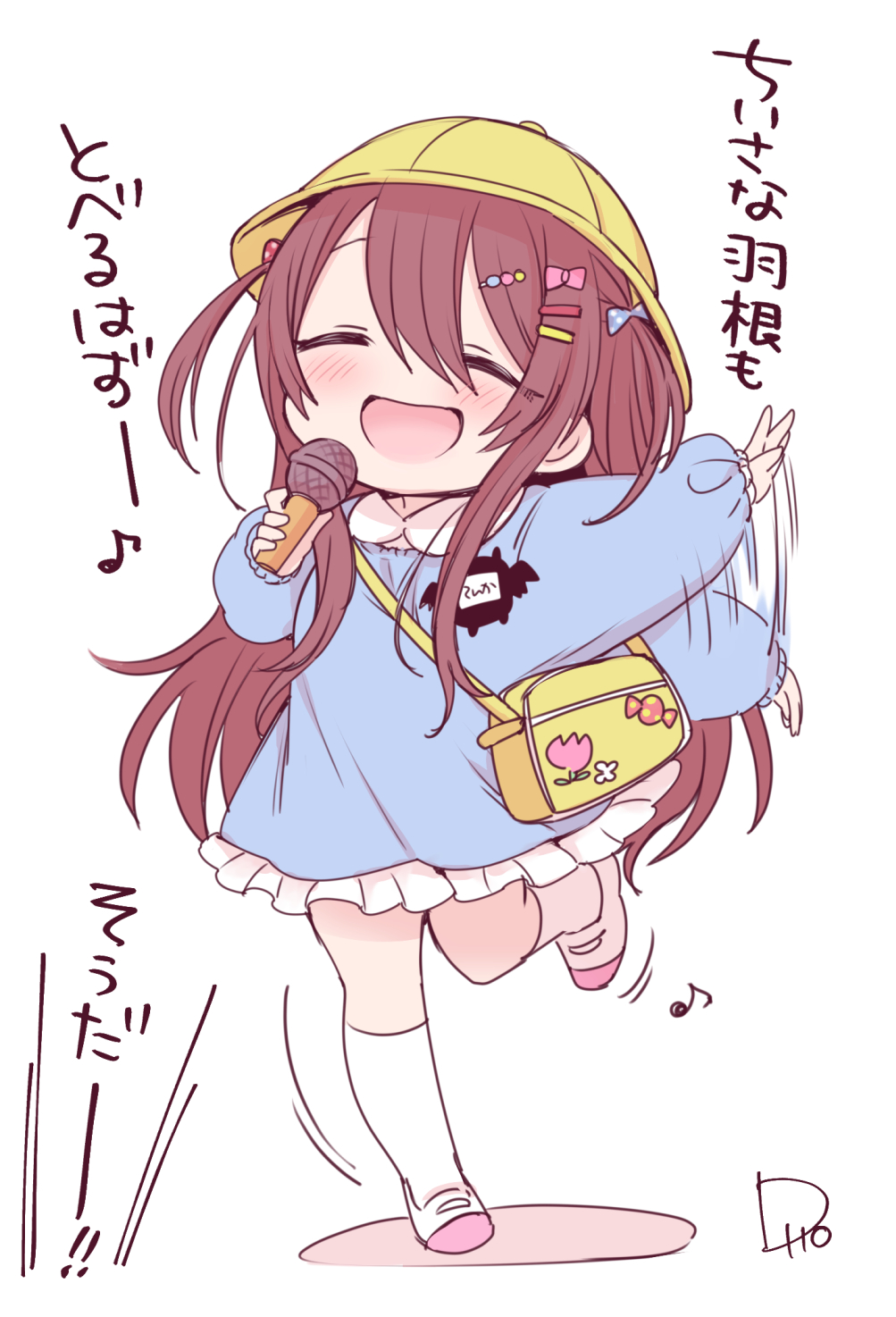 1girl blue_shirt blush brown_hair chibi closed_eyes eighth_note flip_(diiolive) frills hat highres holding holding_microphone idolmaster idolmaster_shiny_colors kindergarten_uniform long_hair long_sleeves microphone music musical_note name_tag oosaki_tenka open_mouth pink_footwear school_hat shirt singing smile socks solo standing standing_on_one_leg white_legwear yellow_headwear
