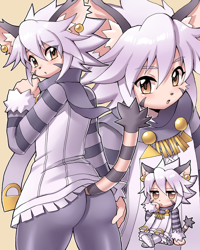 1girl animal_ear_fluff animal_ears ass blush brown_eyes cat cat_ears cat_girl cat_tail chibi commentary_request cowboy_shot earrings elh_melizee furry inaho jewelry licking_self looking_at_viewer looking_back medium_hair multiple_views open_mouth silver_hair solatorobo spiked_hair striped_sleeves striped_tail tail