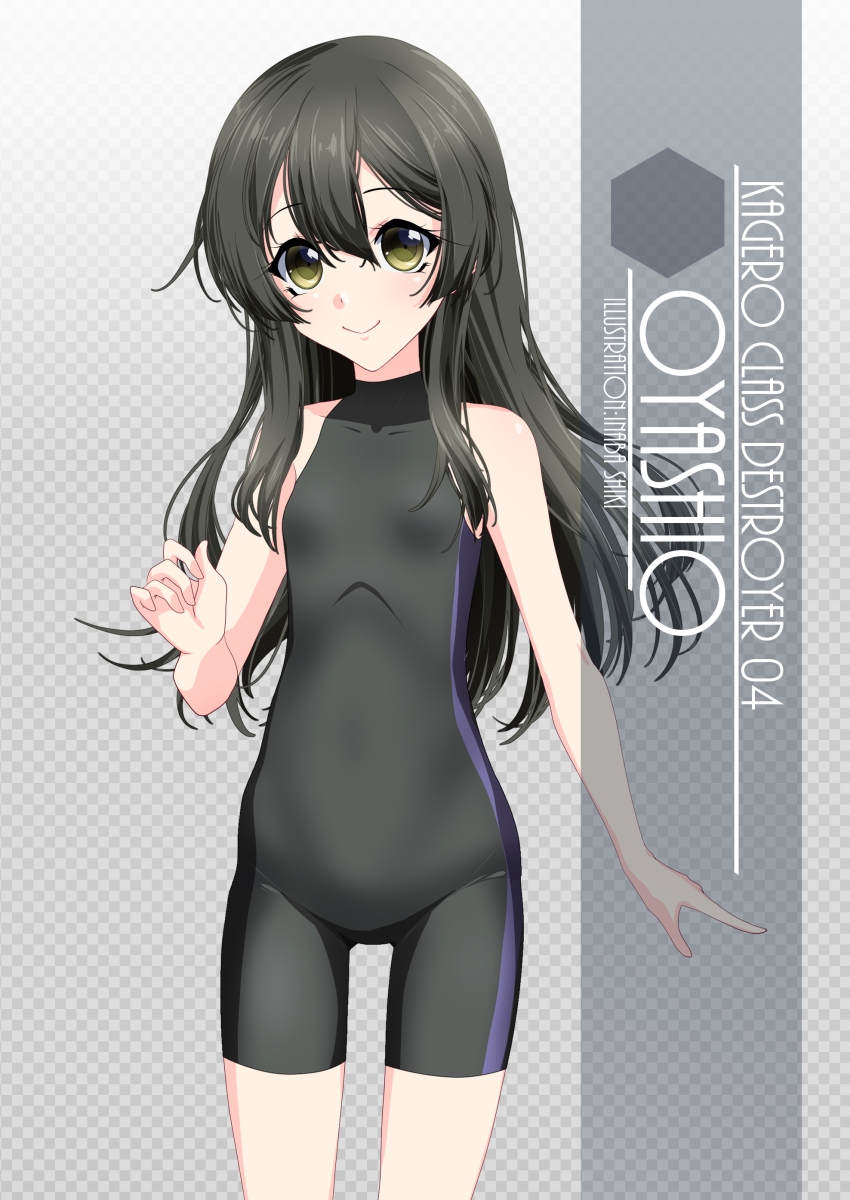 1girl artist_name black_bodysuit black_hair black_wetsuit bodysuit character_name checkered checkered_background commentary_request cowboy_shot flat_chest gradient gradient_background green_eyes grey_background hair_ornament hairclip highres inaba_shiki kantai_collection long_hair looking_at_viewer oyashio_(kantai_collection) sleeveless solo standing turtleneck wetsuit