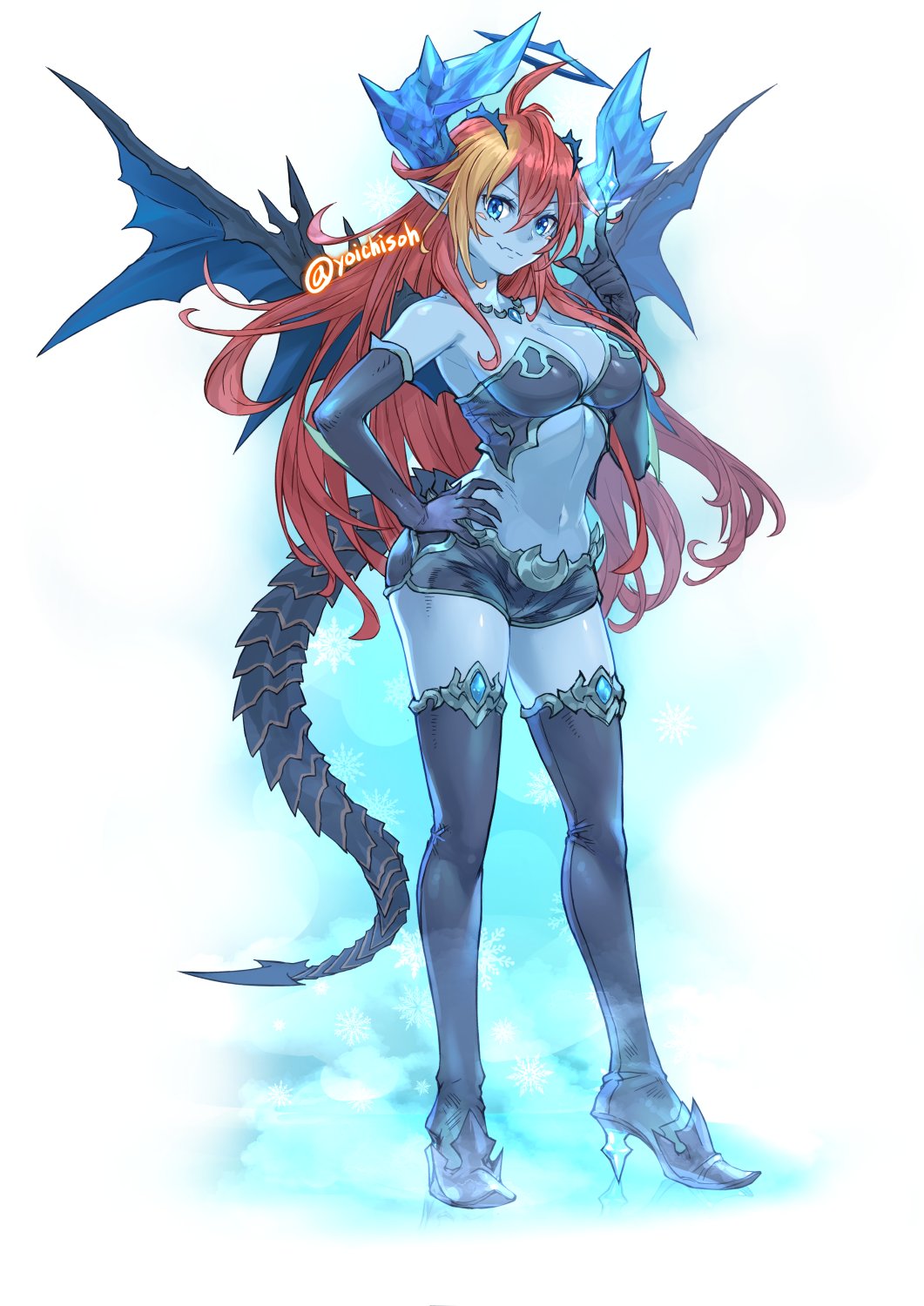 1girl ahoge blue_eyes blue_gloves blue_hair blue_horns blue_shorts blue_skin blue_wings boots breasts cleavage closed_mouth crop_top elbow_gloves full_body gloves hair_between_eyes halo hand_on_hip hera-is_(p&amp;d) hera_(p&amp;d) high_heels highres horns jewelry large_breasts long_hair midriff multicolored_hair navel necklace pointy_ears puzzle_&amp;_dragons red_hair short_shorts shorts smile solo standing tail thigh_boots thighhighs thighs twitter_username wings youichi