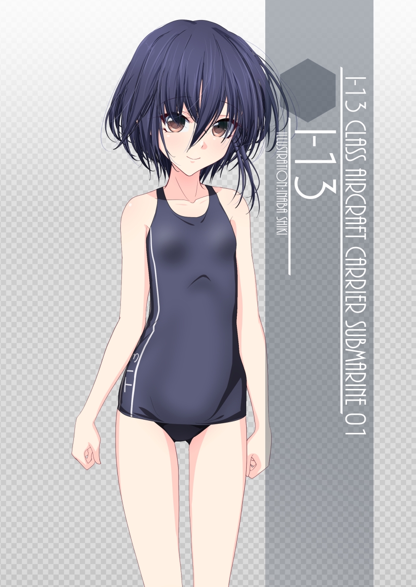 1girl artist_name asymmetrical_hair black_hair black_school_swimsuit black_swimsuit brown_eyes character_name checkered checkered_background collarbone commentary_request cowboy_shot flat_chest gradient gradient_background grey_background hair_between_eyes highres i-13_(kantai_collection) inaba_shiki kantai_collection school_swimsuit short_hair solo swimsuit