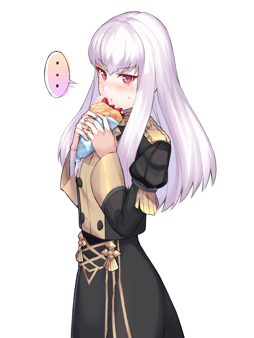 ... 1girl closed_mouth crepe eating fire_emblem fire_emblem:_three_houses food food_on_face garreg_mach_monastery_uniform highres long_hair long_sleeves lysithea_von_ordelia nyorotono pink_eyes solo spoken_ellipsis uniform white_hair