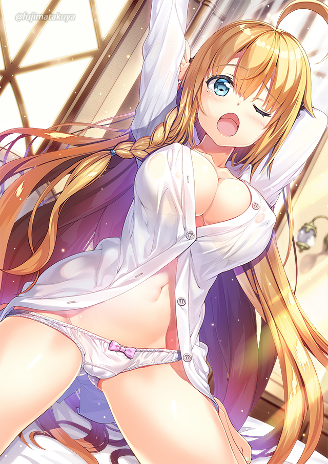 1girl ahoge arm_behind_head arm_up bangs barefoot blue_eyes braid breasts cleavage eyebrows_visible_through_hair fujima_takuya indoors kneeling large_breasts long_hair naked_shirt navel one_eye_closed open_mouth orange_hair panties pecorine princess_connect! princess_connect!_re:dive shirt single_braid solo tears twitter_username underwear white_panties white_shirt window yawning