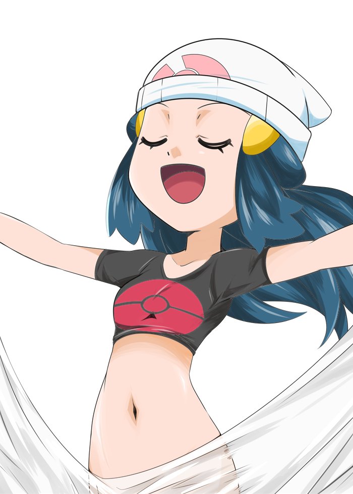 1girl :d alternate_costume beanie blue_hair bottomless breasts hainchu hair_ornament hat hikari_(pokemon) long_hair navel open_mouth out-of-frame_censoring pokemon pokemon_(game) pokemon_dppt simple_background smile solo white_background