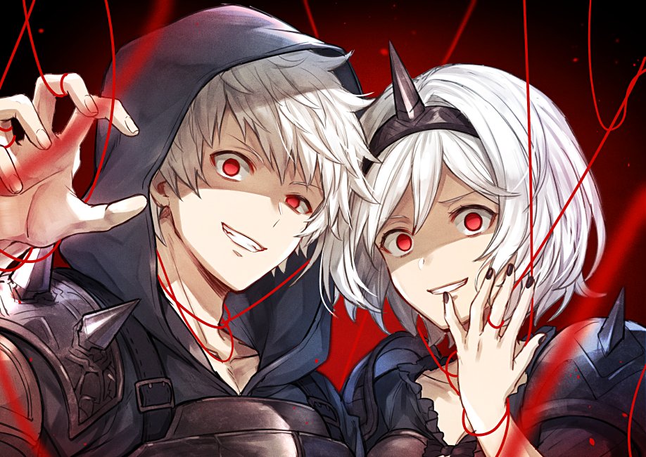 1boy 1girl alter_ego_conjurer_(granblue_fantasy) bangs breastplate djeeta_(granblue_fantasy) gran_(granblue_fantasy) granblue_fantasy hand_on_own_face headband hood hood_up kingyo_114 looking_at_viewer nail_polish no_pupils pauldrons red_eyes red_string simple_background smile string white_hair